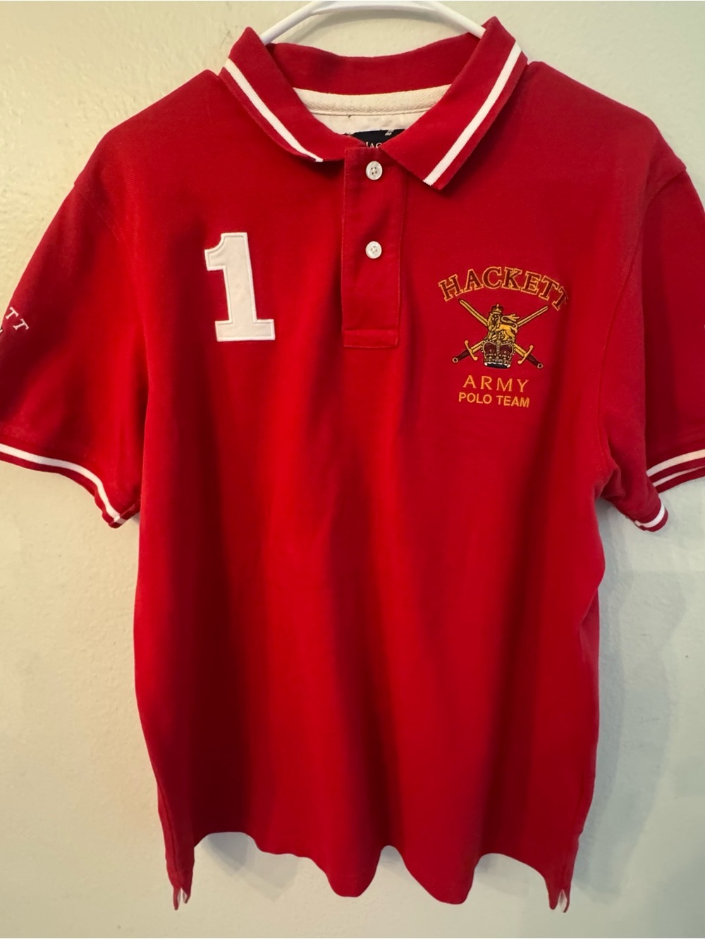 Hackett Red Polo with White Stripe and Embroidered Army Crest